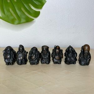 Vtg SEVEN LUCKY GODS Japanese Asian 2" Bronze / Metal / Copper? Set of 7 Antique